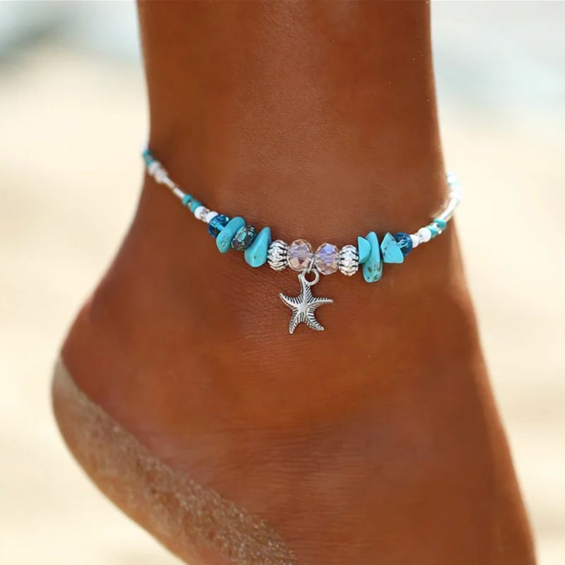Modeschmuck Fusskette mit Seestern Anhänger und türkisen Perlen
