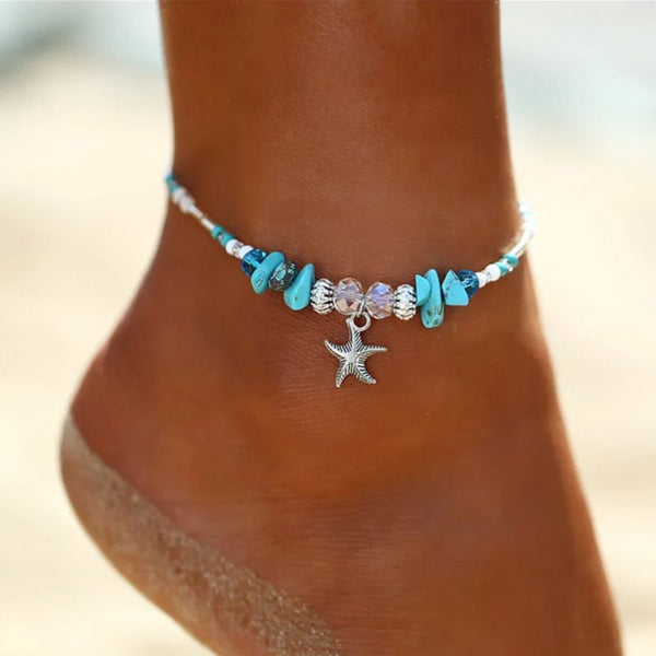 Modeschmuck Fusskette mit Seestern Anhänger und türkisen Perlen