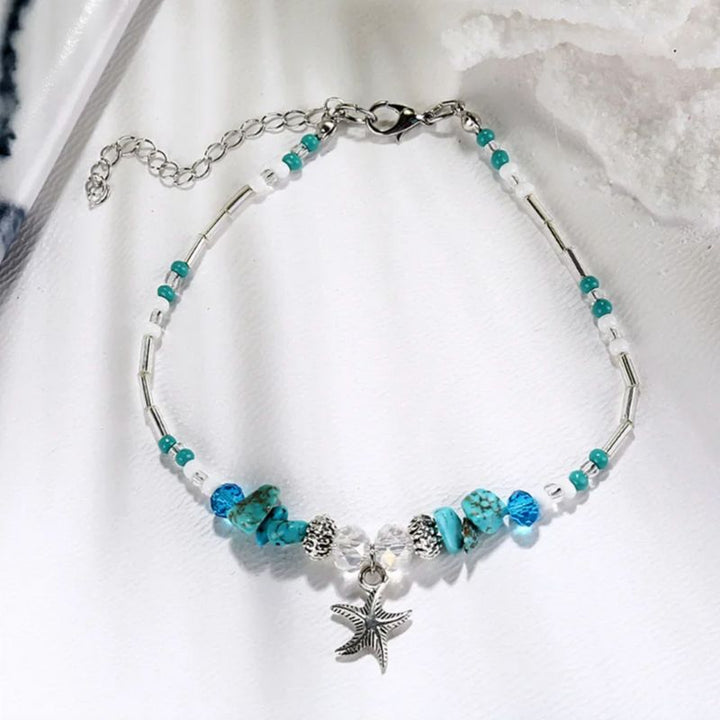 Sommer Strand Fusskette mit Seestern Motiv und türkis blauen Steinen und Perlen