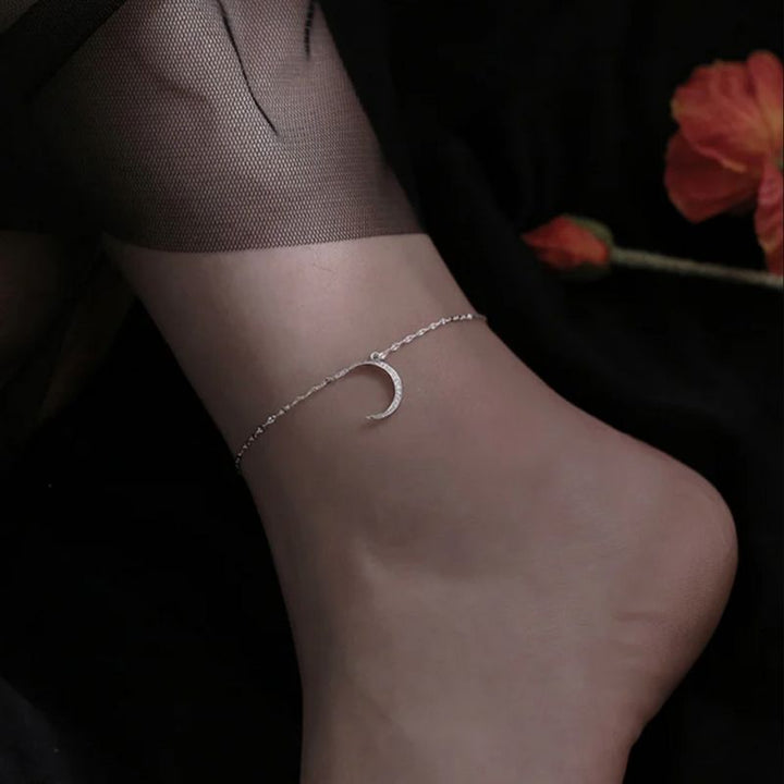 Silberne Fusskette aus echt Silber 925 mit Mond Symbol / Motiv 