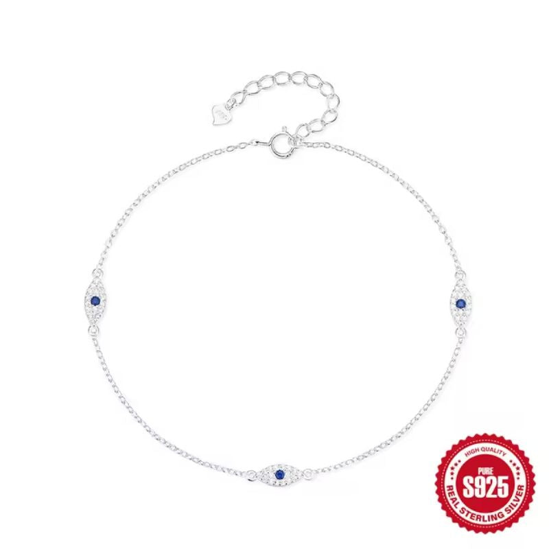 Zierliche feine Fusskette mit Zirconia Steinen und Augen Symbol mit blau 