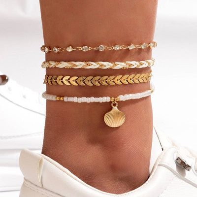 Fussketten Set aus 4 diversen Ketten im Strand Boho Style - Muschelkette und mehr 
