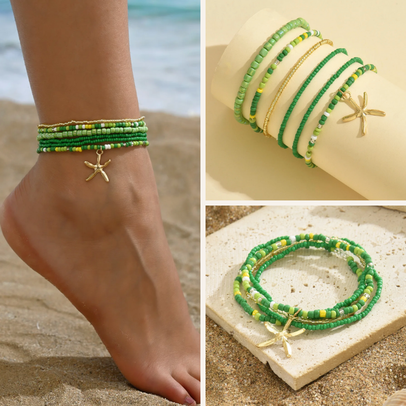Grünes Boho Sommer Fussketten Set mit goldenem Seestern Motiv 