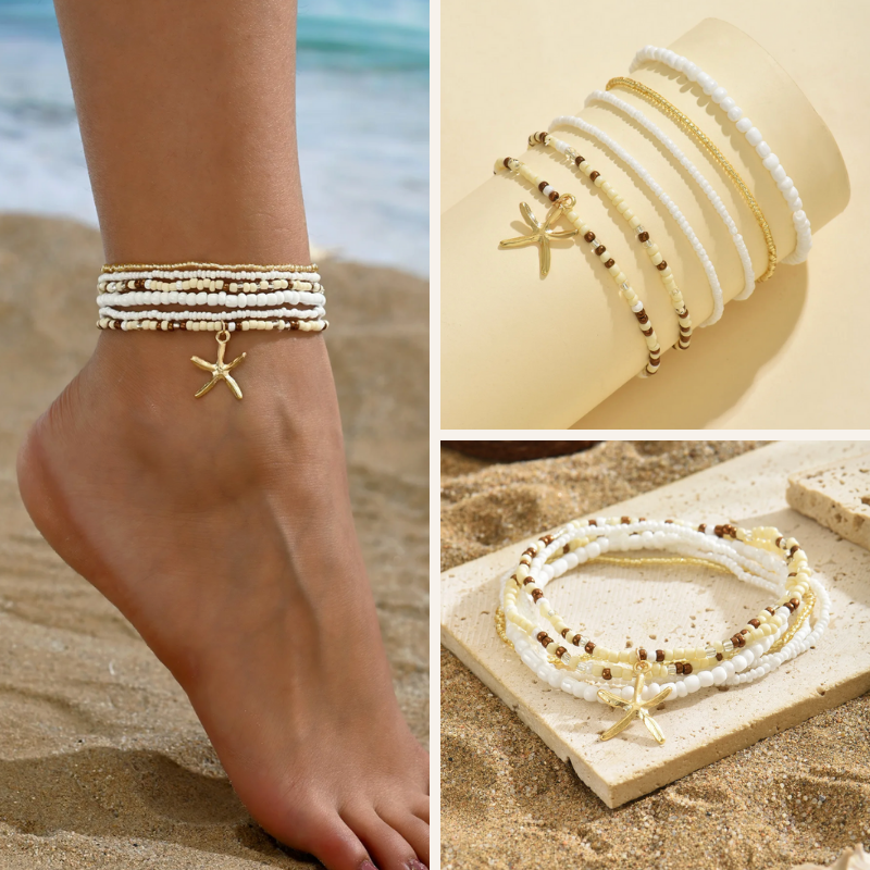 Weisses Goldenes Fussketten Set für Strand Boho Look 