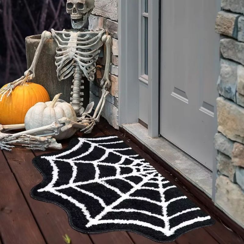 Halloween Dekoration Fussmette für Zuhause - schwarz-weiss Fussmatte mit Spinnennetz Motiv 