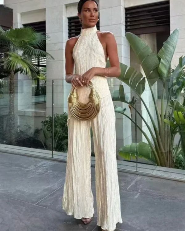 Damen Plissee Set Zweiteiler - Eleganter Hosenanzug Mit Langarm Bluse Und Weitbein Hose