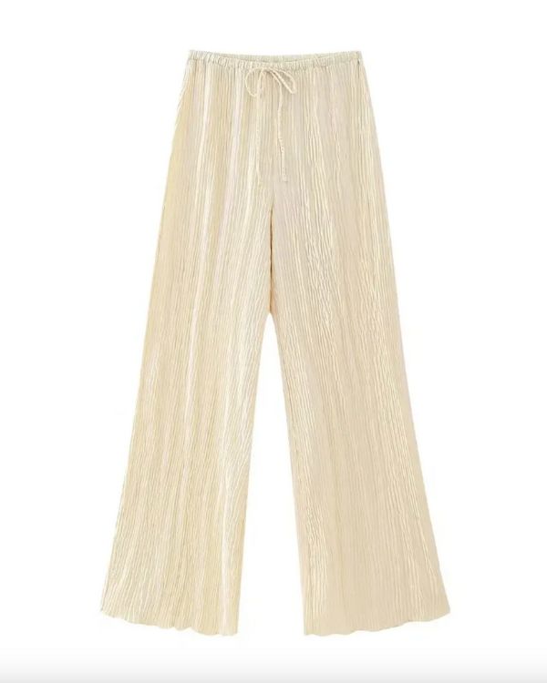 Weite Creme-Weisse Hose mit elastischem Bund - Elegantes Plissee Damen Hose 