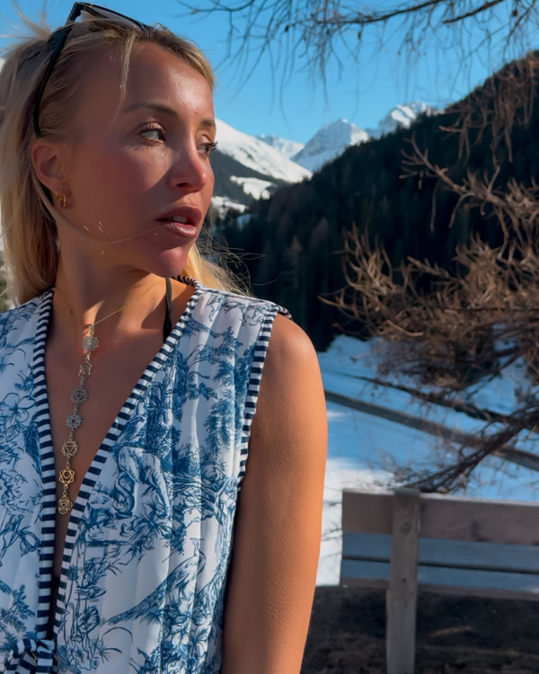 Damen Gilet Weste blau-weiss mit Dschungel-Motiv für Frühling & Sommer