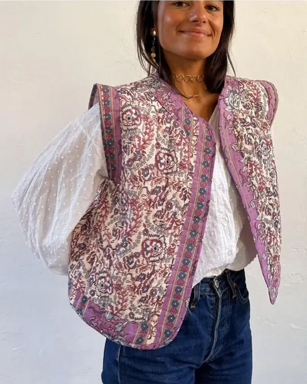 Stillvolle Damen Steppweste Gilet mit Blumen Muster - Retro Vintage Look 