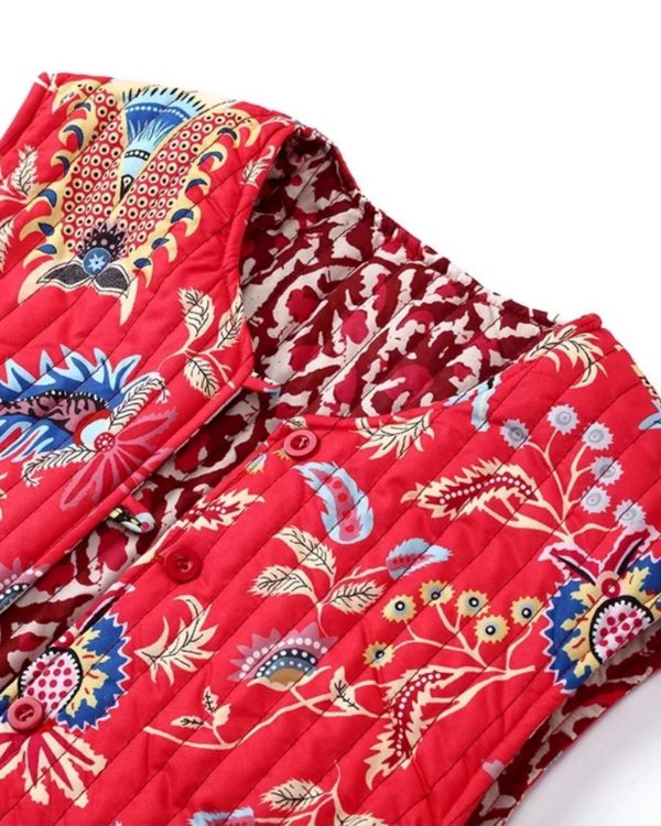 Rote Steppweste mit Paisley Blumen Muster - Wendeweste Gilet Damen 