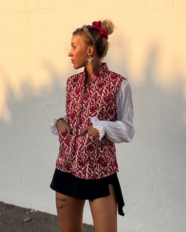 Rot Pinke Damen Weste mit Floral Blumen Muster - Perfekter Herbst Retro Look 