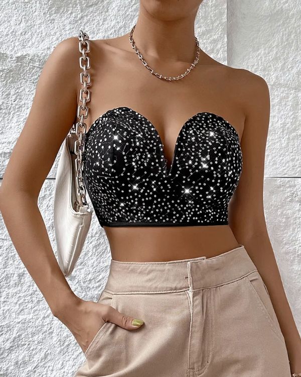 Trägerloses Bandeau Crop Top mit Glitzersteinen