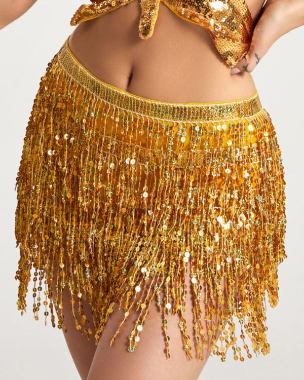 Goldener festlicher Wickelrock mit Fransen und glamourösem Pailletten-Design