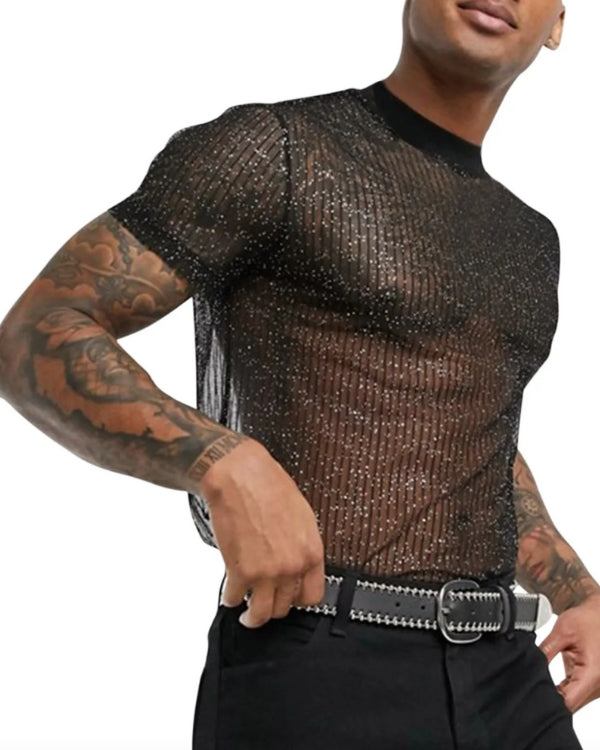 Glitzer Herren T-Shirt aus Mesh Glitzer Shine Stoff - Festival Männer Looks bestellen