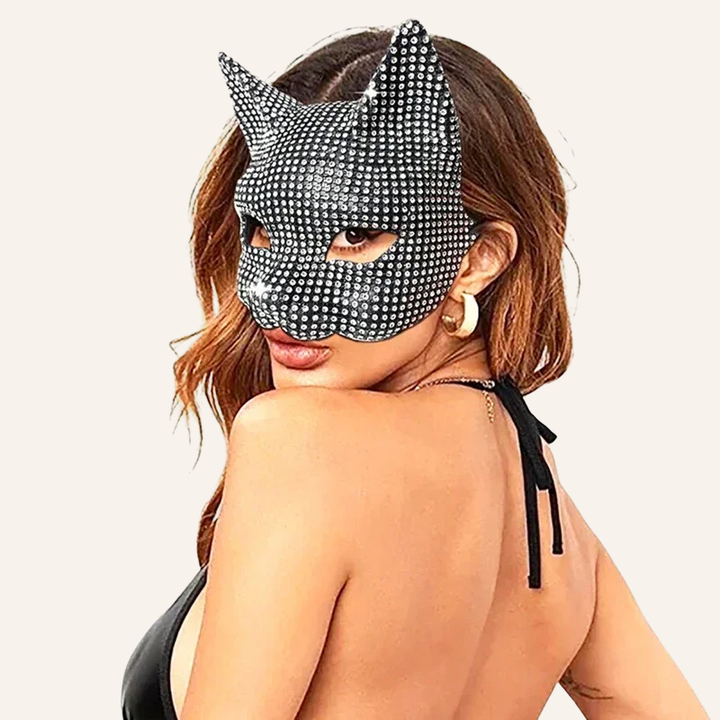 Fetisch Maske Katze schwarz silber Strass Halloween