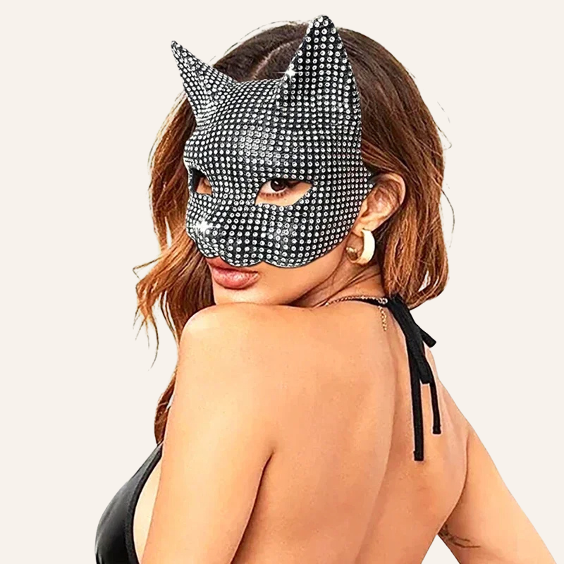 Fetisch Maske Katze schwarz silber Strass Halloween