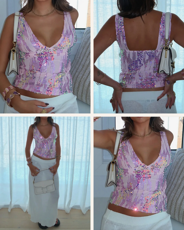 Damen Pailletten Top in Pastelllila | Boho Glam Top Candy Crush