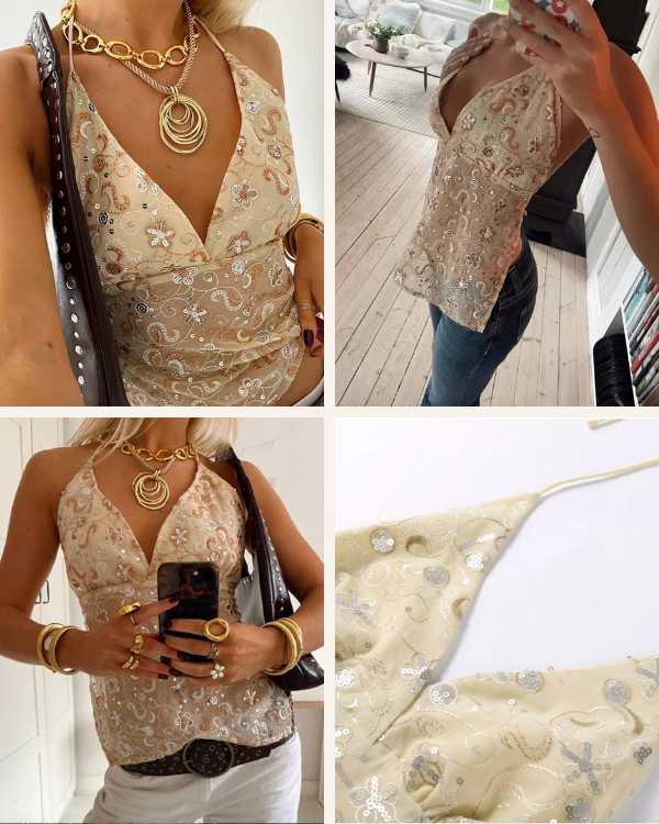 Sommertop mit Glitzerdetails | Halterneck Boho Glitzer Top