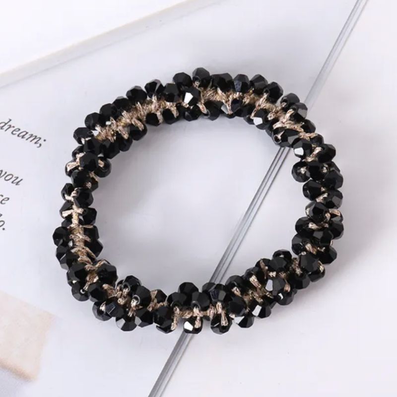 Schwarzes Perlen Haargummi mit goldenen Details - Elegantes Perlen Haargummi 