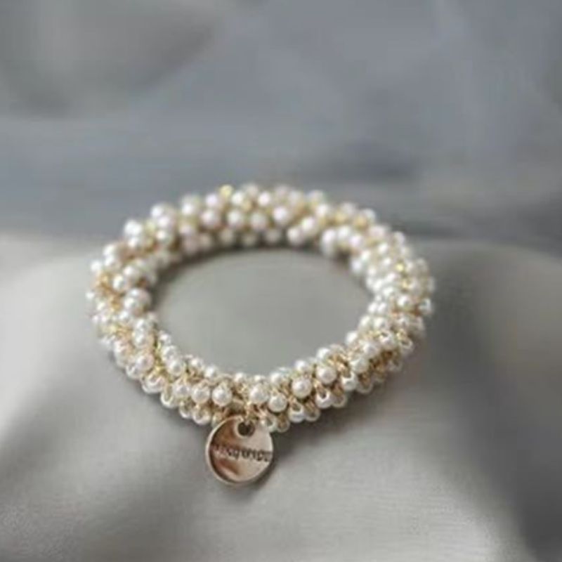 Weisses goldene Perlen Haargummi - elastisches elegantes Haargummi 