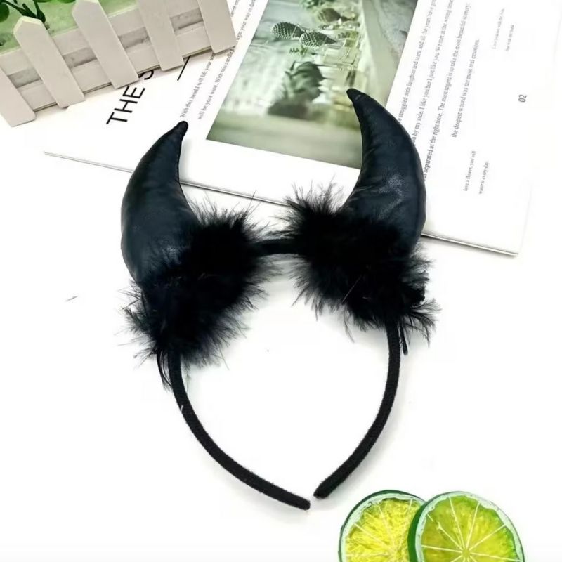 Haarreifen mit schwarzen Teufel Hörner und Flausch Effekt - Halloween Party Look Accessoires 