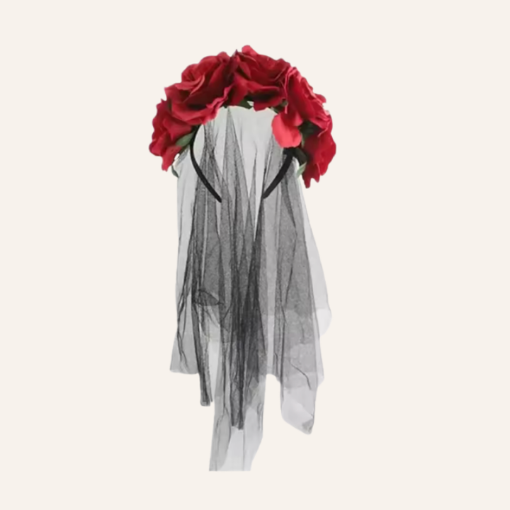 Halloween Accessoire Haarreifen mit Schleier | Rote Rosen, schwarzer Schleier 