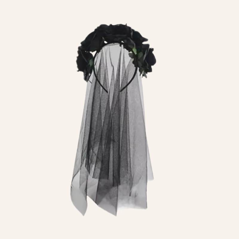 Halloween Rosen Haarreifen mit langem Schleier | schwarze Rosen 