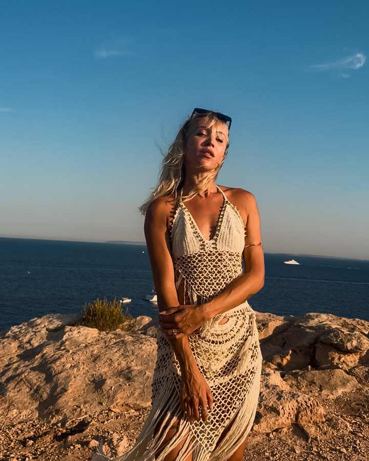 Luxury Boho Chic Ibiza Look handgemachtes Set aus langem Rock mit Fransen und passendem Top 