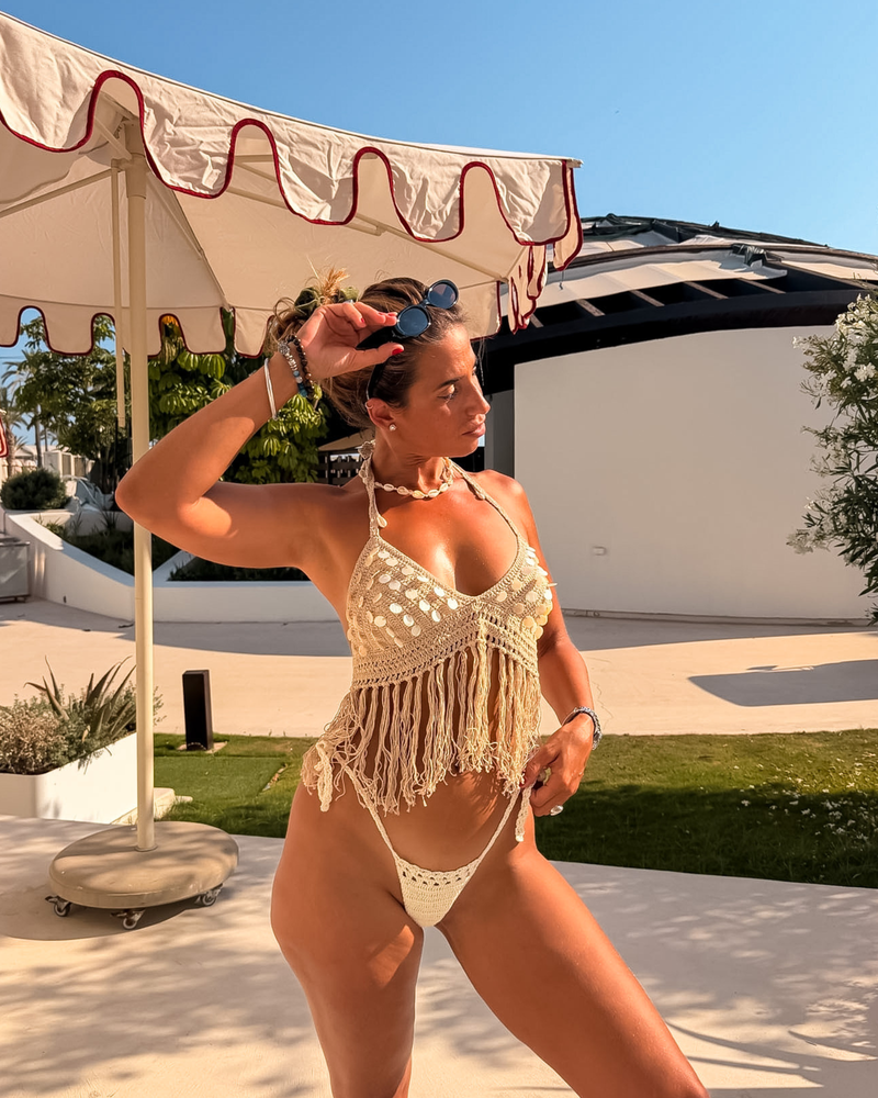 Ibiza Crochet Oberteil Damen | Beiges Muschel Häkel Fransen Top 