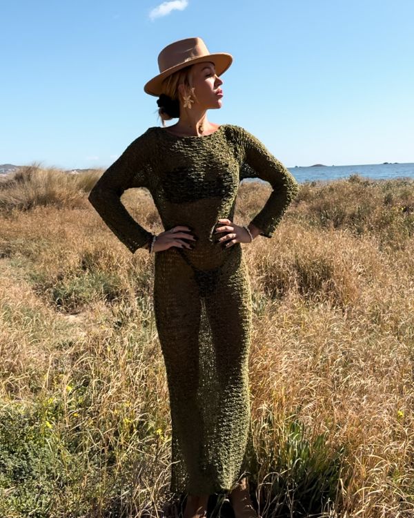 Grünes langes Boho Kleid mit langen Ärmeln - Häkel Crochet Kleid leicht transparent 