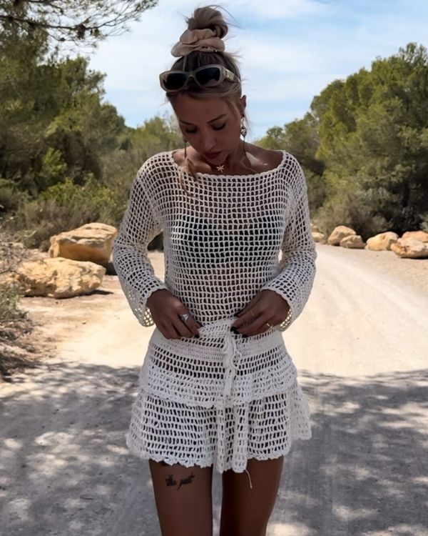 weisses Boho Chic Damen Häkelrock - Netz Häkel Crochet Minirock Sommerlook 