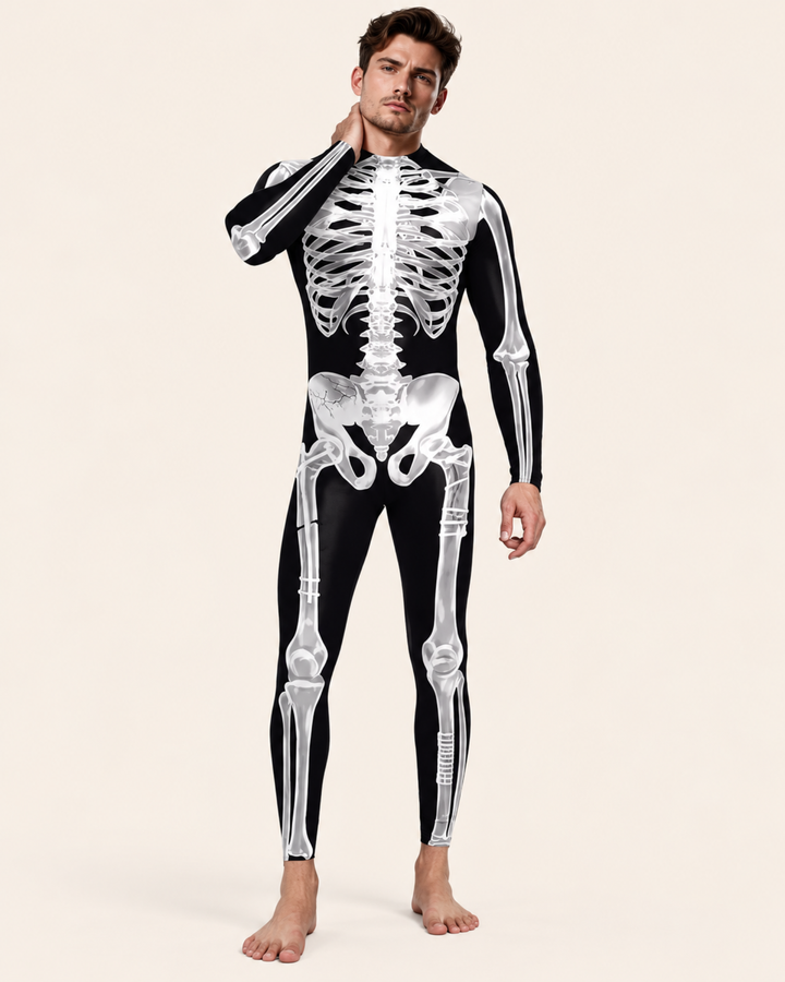 Herren Skelett Jumpsuit X-Ray Phantom in Schwarz mit weissem Knochenprint