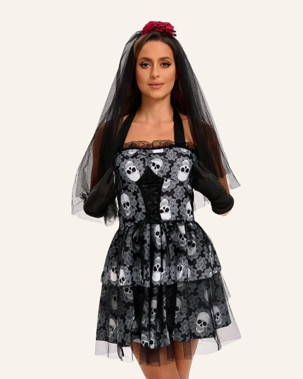 Skull Bride Outfit Damen schwarz Tüllschleier | Damen Totenkopf Kleid 