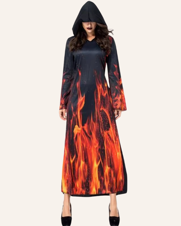 Halloween Flammen Teufel Kleid - Langes Damen Kleid mit Kapuze