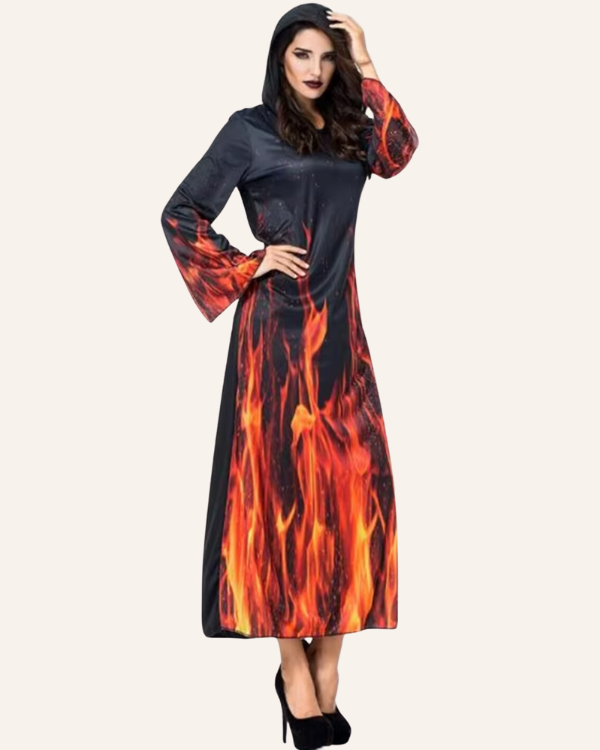 schwarzes langes Damen Kleid mit Kapuze und Flammen - Halloween Flammen Kleid 