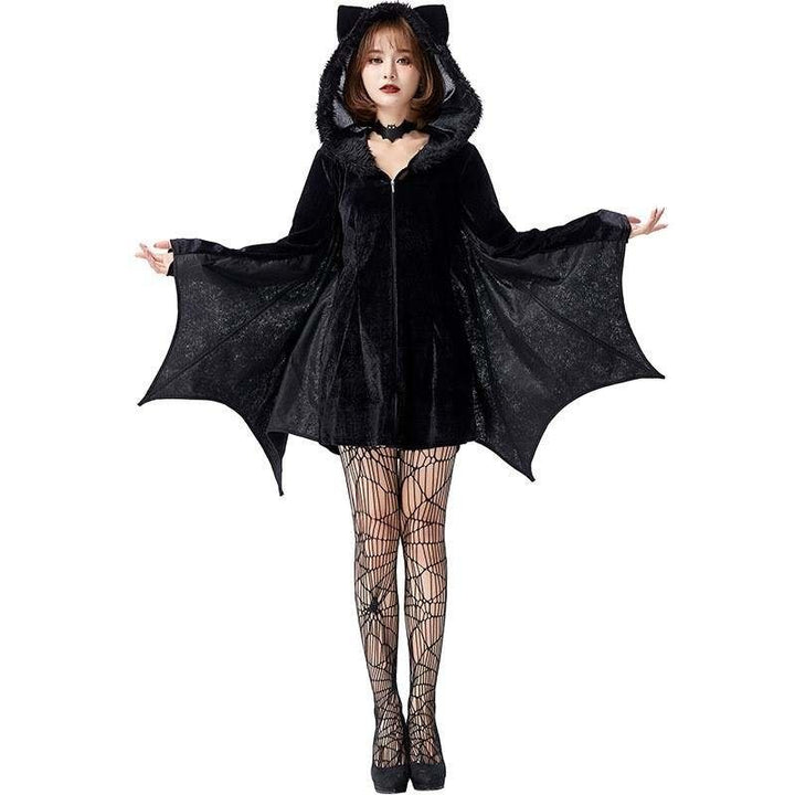 Elegantes Fledermaus Halloween-Kostüm aus Samt mit Choker und Strümpfen 