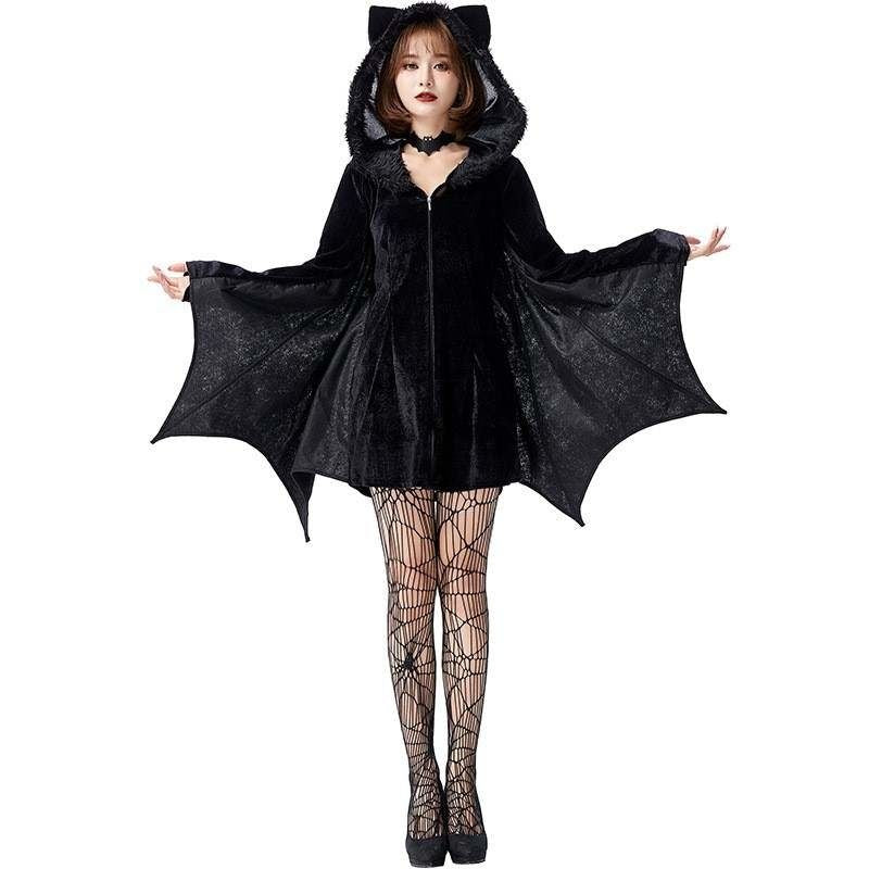 Elegantes Fledermaus Halloween-Kostüm aus Samt mit Choker und Strümpfen 