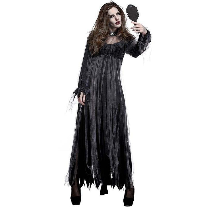 Schwarzes Vampir Outfit Kostüm - Damen Halloween Grusel Dracula Vampir Kleid 