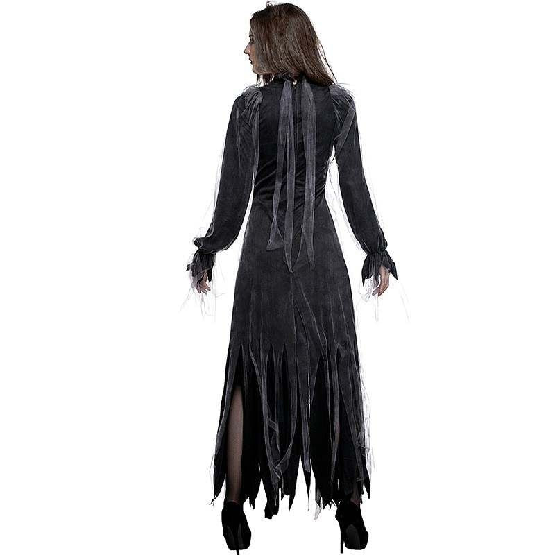 schwarzes langes Grusel Halloween Kostüm Kleid mit Spitzen - Vampir Braut Kostüm