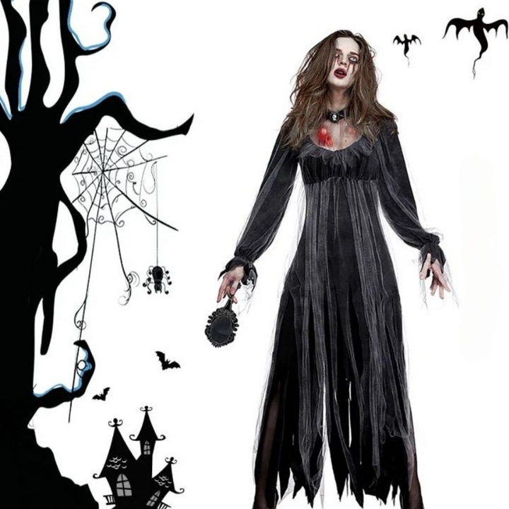 schwarzes langes Grusel Halloween Kleid mit Spitzen Effekt - Grusel Dracula Kleid online kaufen 