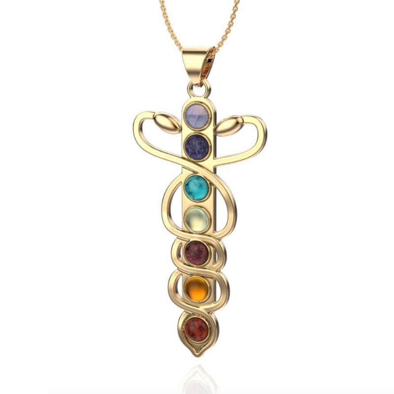 Chakra Schlange Schwert Halskette mit Chakra Steinen Farben 