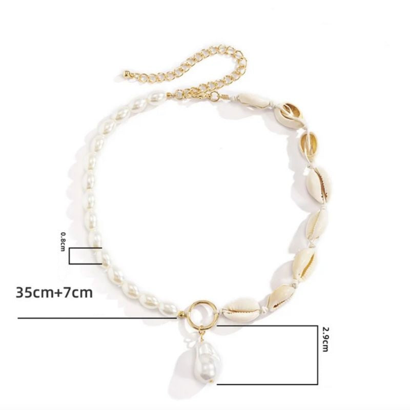 Modeschmuck Damen Perlen Muschelkette mit goldenem Ring in der Mitte