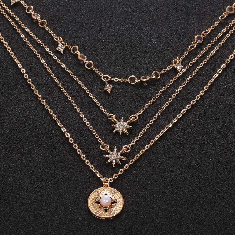 Boho Modeschmuck Halskette aus feinen Ketten mit Kristall Sternen Symbolen 