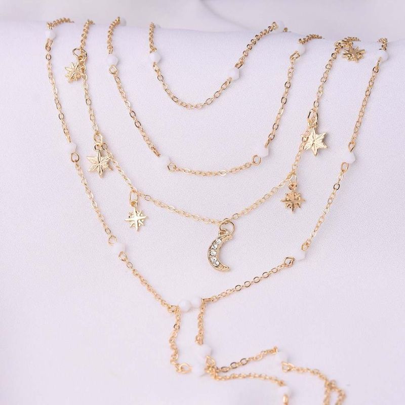 Goldener Modeschmuck - Halsketten Choker Set aus feinen Ketten mit Mond und Stern Symbolen 