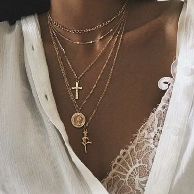 Goldene Multilayer Halskette mit Kreuz und Rosen Anhänger - Feine Modeschmuck Choker Ketten