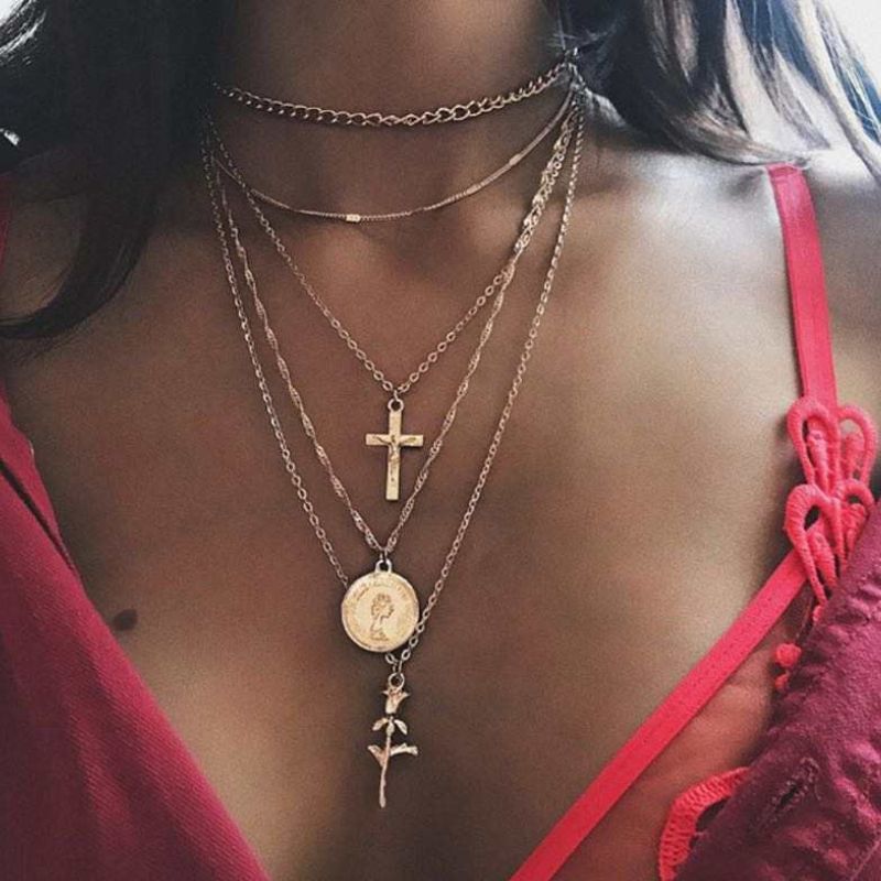 Halsketten Set aus 5 diversen feinen Ketten - Multilayer Choker Modeschmuck Ketten Set mit Kreuz und Rosen Symbol 