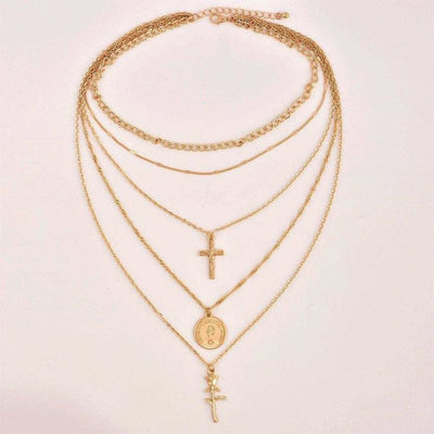 Modeschmuck Damen Halskette mit Kreuz und Rosen Symbolen - Multilayer Set aus 5 diversen Ketten 