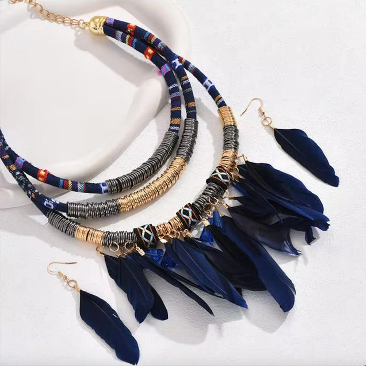 Dunkelblaues Halsketten Set mit Federn und Ohrringe - Boho Chic Hippie Style Modeschmuck