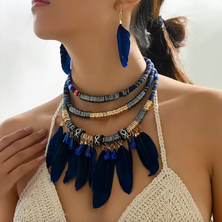 Halskette mit Federn und passenden Ohrringen dazu - Modeschmuck Boho Chic Set 
