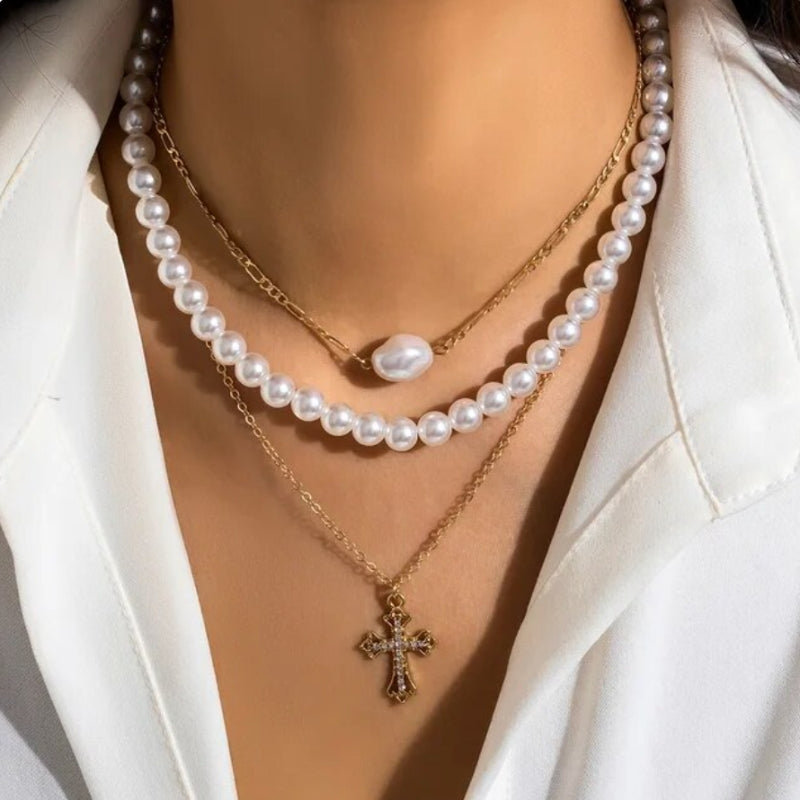 Modeschmuck Perlen Halsketten Choker Set - Damen Modeschmuck aus Kunstperlen und mit einem Kreuz Anhänger 